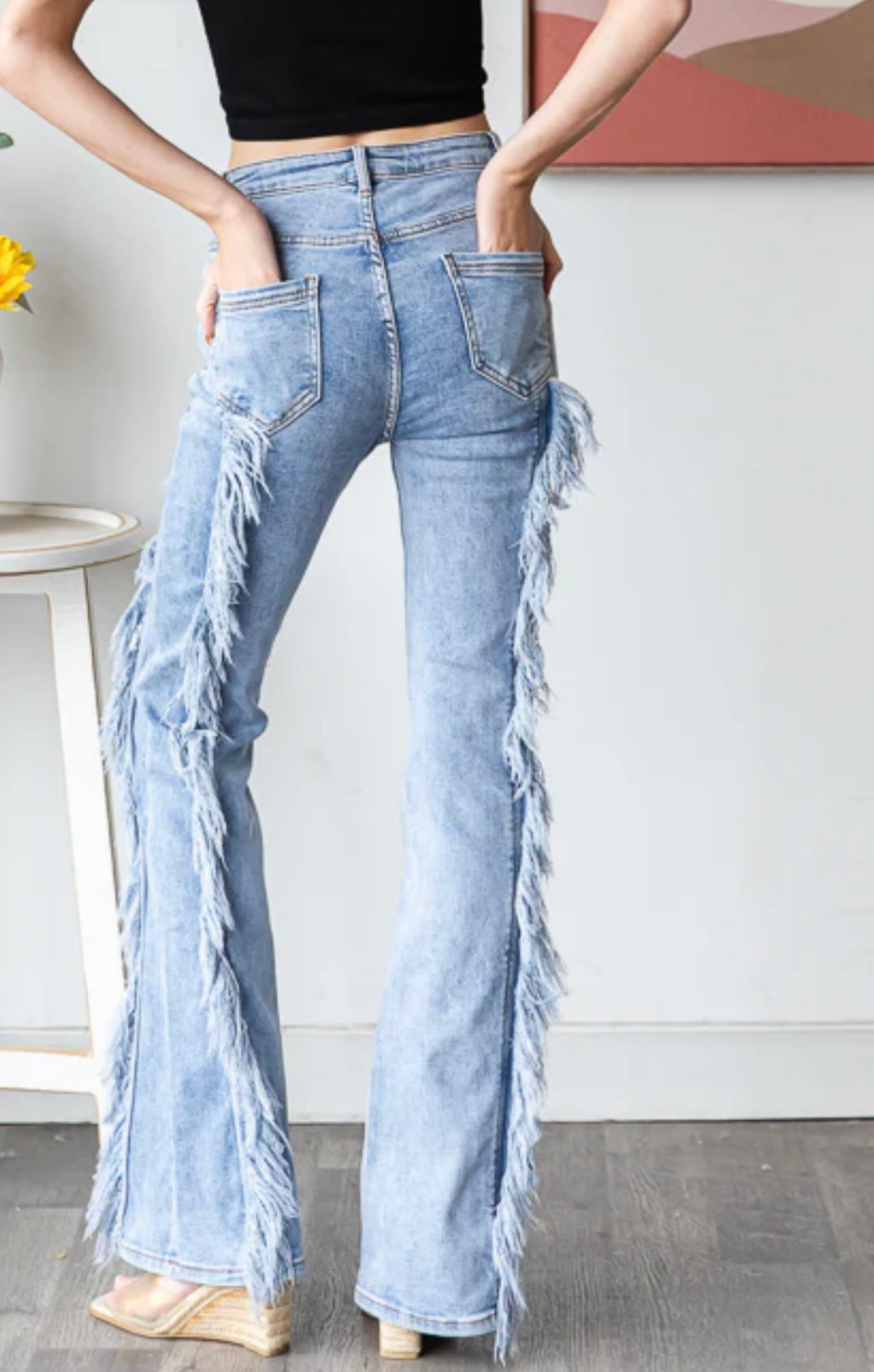 Medium Light Wash Frayed Stretch Flare Denim Jeans