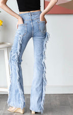 Medium Light Wash Frayed Stretch Flare Denim Jeans