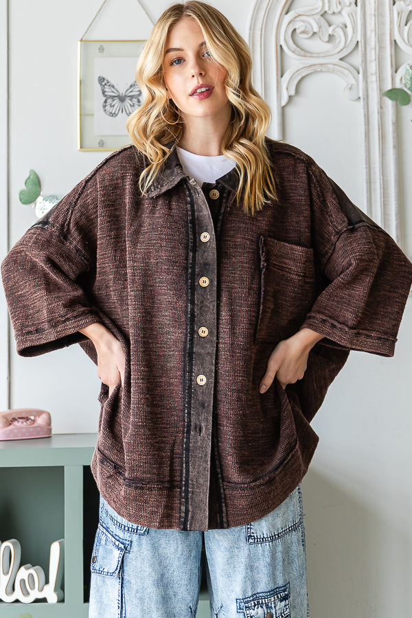 Washed Mix Media Collar Neck Oversized Shirt