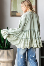 Washed Eyelet Contrast Tiered Ruffle Flowy Hem Top