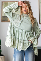 Washed Eyelet Contrast Tiered Ruffle Flowy Hem Top