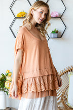 Washed Layered Ruffle Eyelet Lace Hem Peplum top