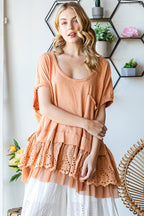 Washed Layered Ruffle Eyelet Lace Hem Peplum top