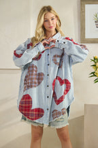 Washed Plaid Heart Patchwork Button Down Shirt
