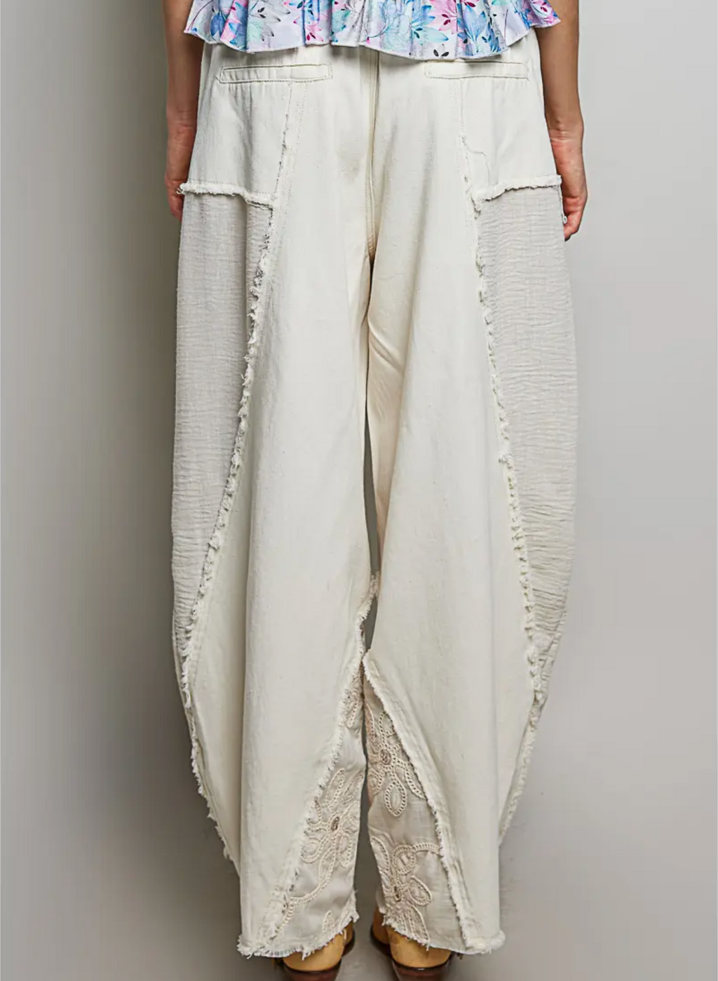 Lace Trim Out Seam Detail Solid Wide Leg Twill Pants-oat milk