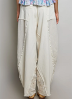 Lace Trim Out Seam Detail Solid Wide Leg Twill Pants-oat milk