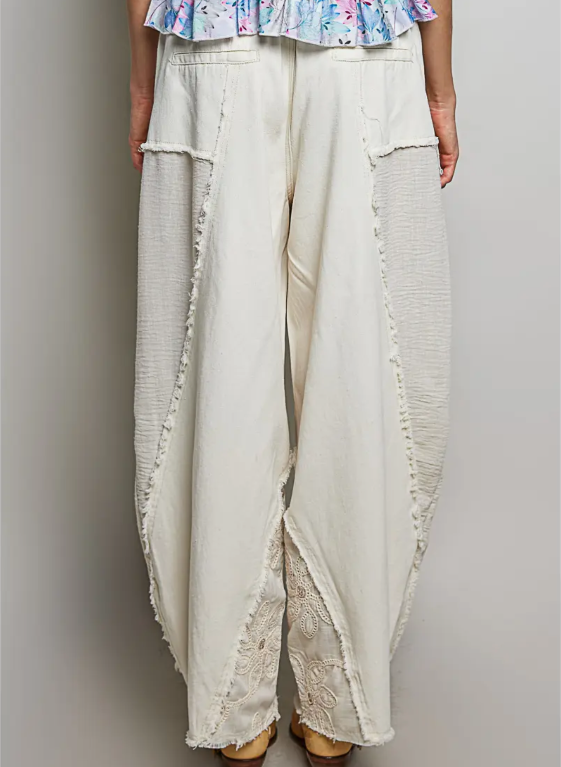 Lace Trim Out Seam Detail Solid Wide Leg Twill Pants-oat milk