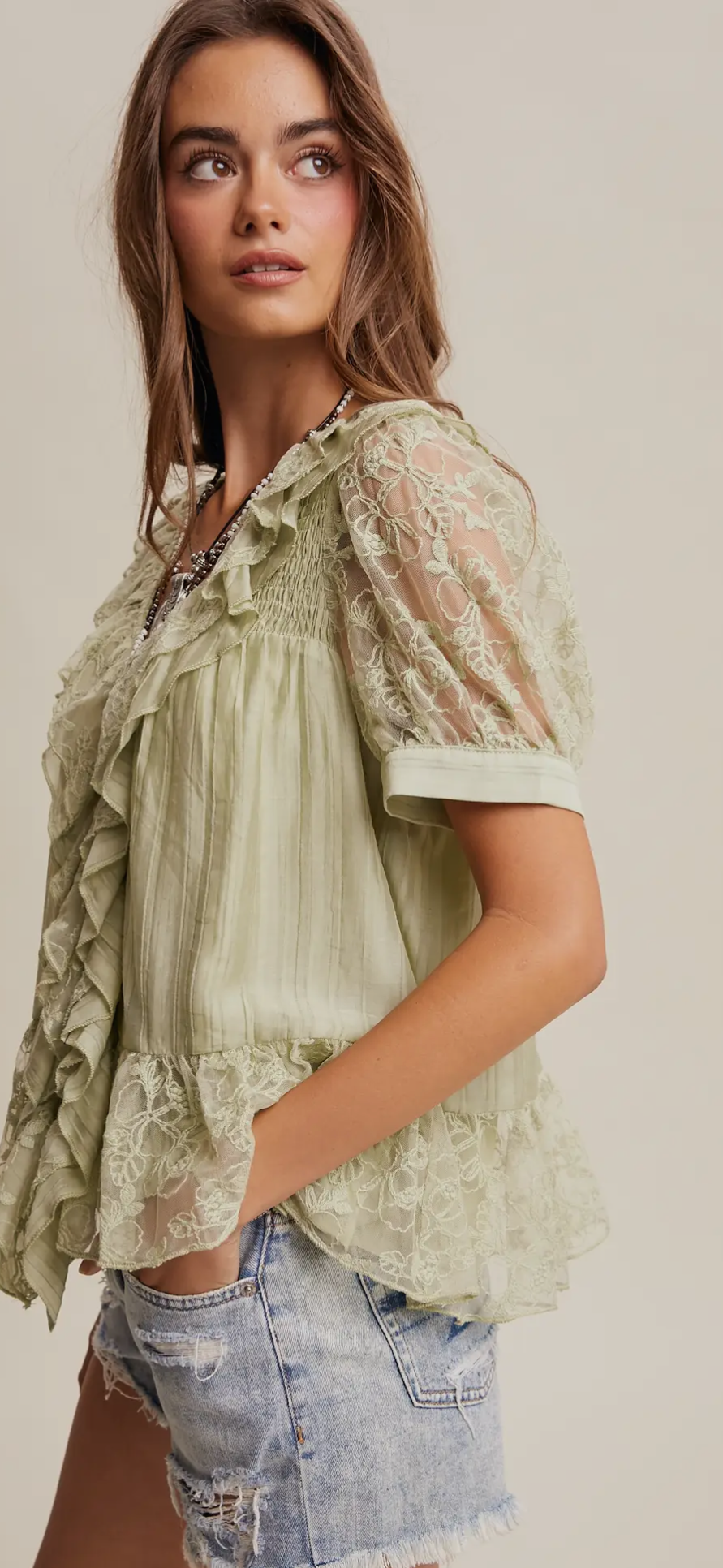 Lace Trim Ruffle Peplum Blouse