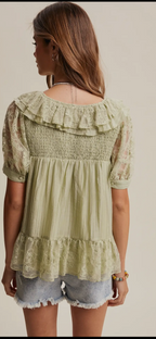 Lace Trim Ruffle Peplum Blouse