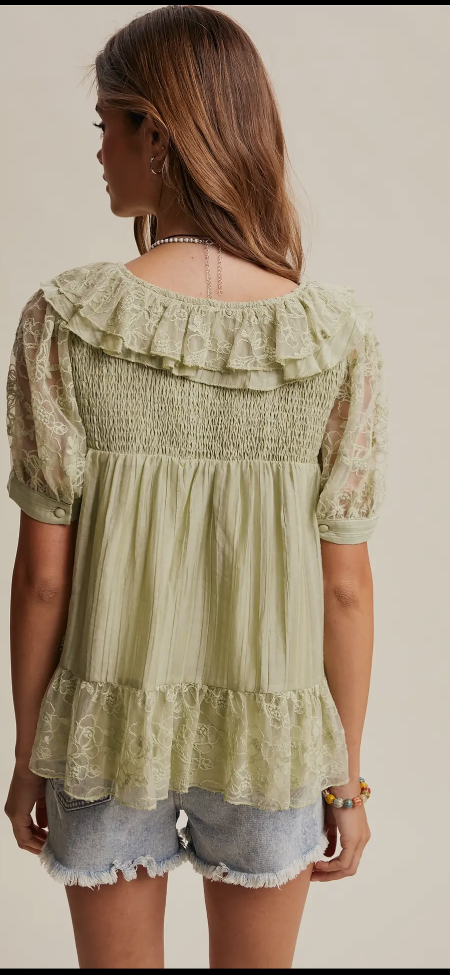Lace Trim Ruffle Peplum Blouse