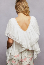 Lace Trim V Ruffle Detail Textured Woven Short Sleeve Top-off white