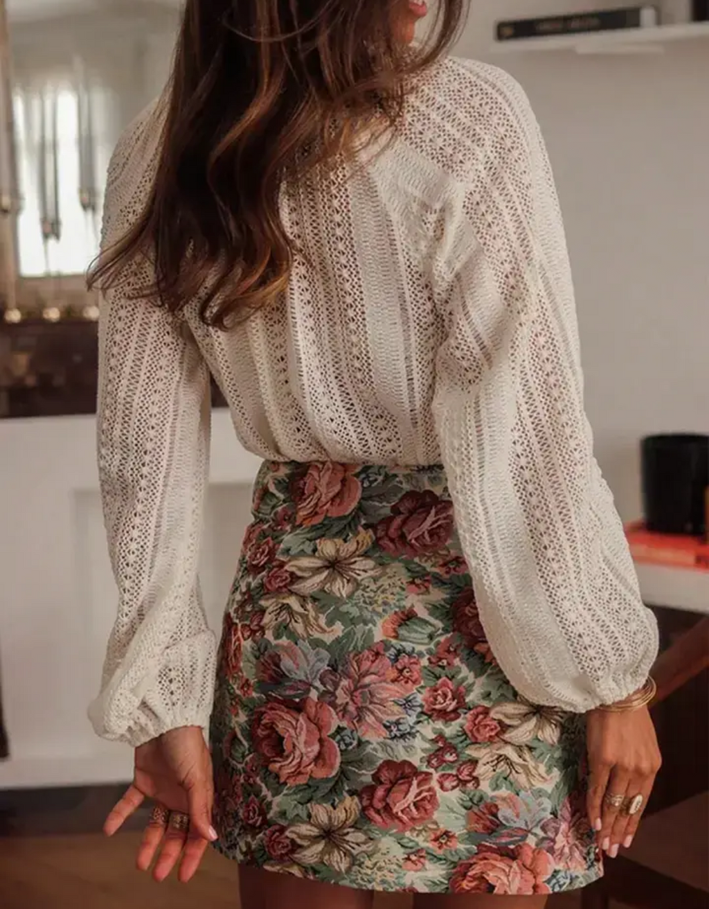 Open Knit Lace V Neck Button Front Blouse