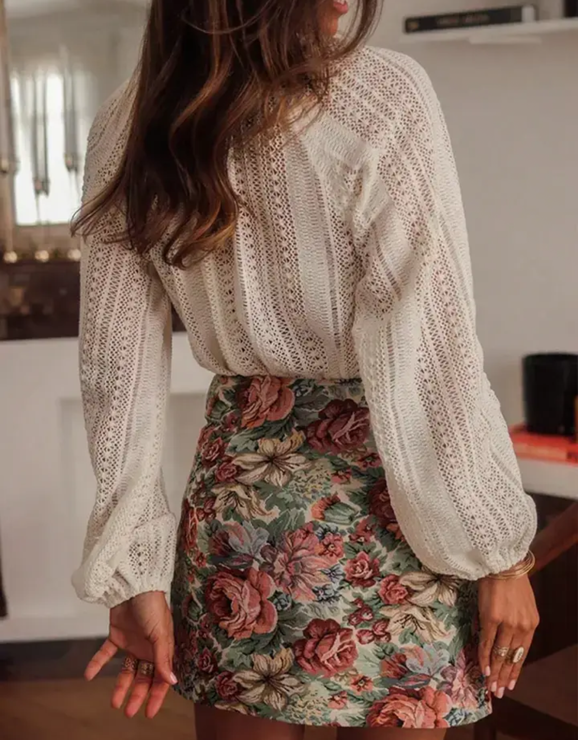 Open Knit Lace V Neck Button Front Blouse