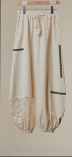Lace Accents Patchwork Crochet Jogger Pants-cream