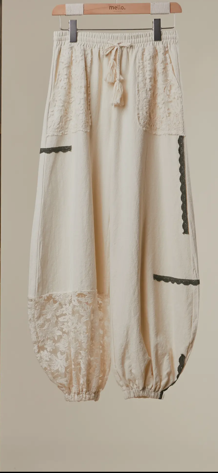 Lace Accents Patchwork Crochet Jogger Pants-cream