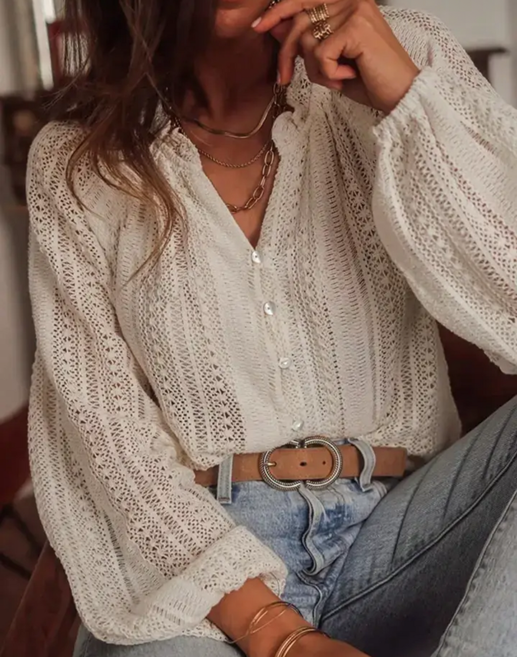 Open Knit Lace V Neck Button Front Blouse