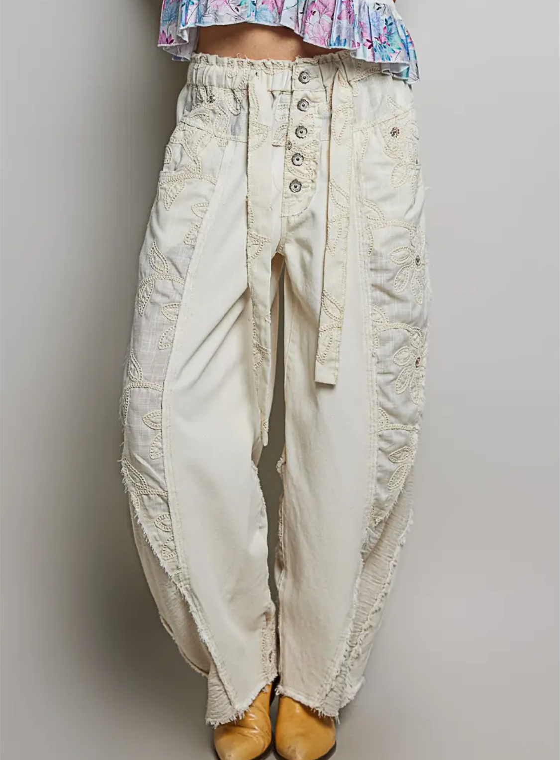 Lace Trim Out Seam Detail Solid Wide Leg Twill Pants-oat milk