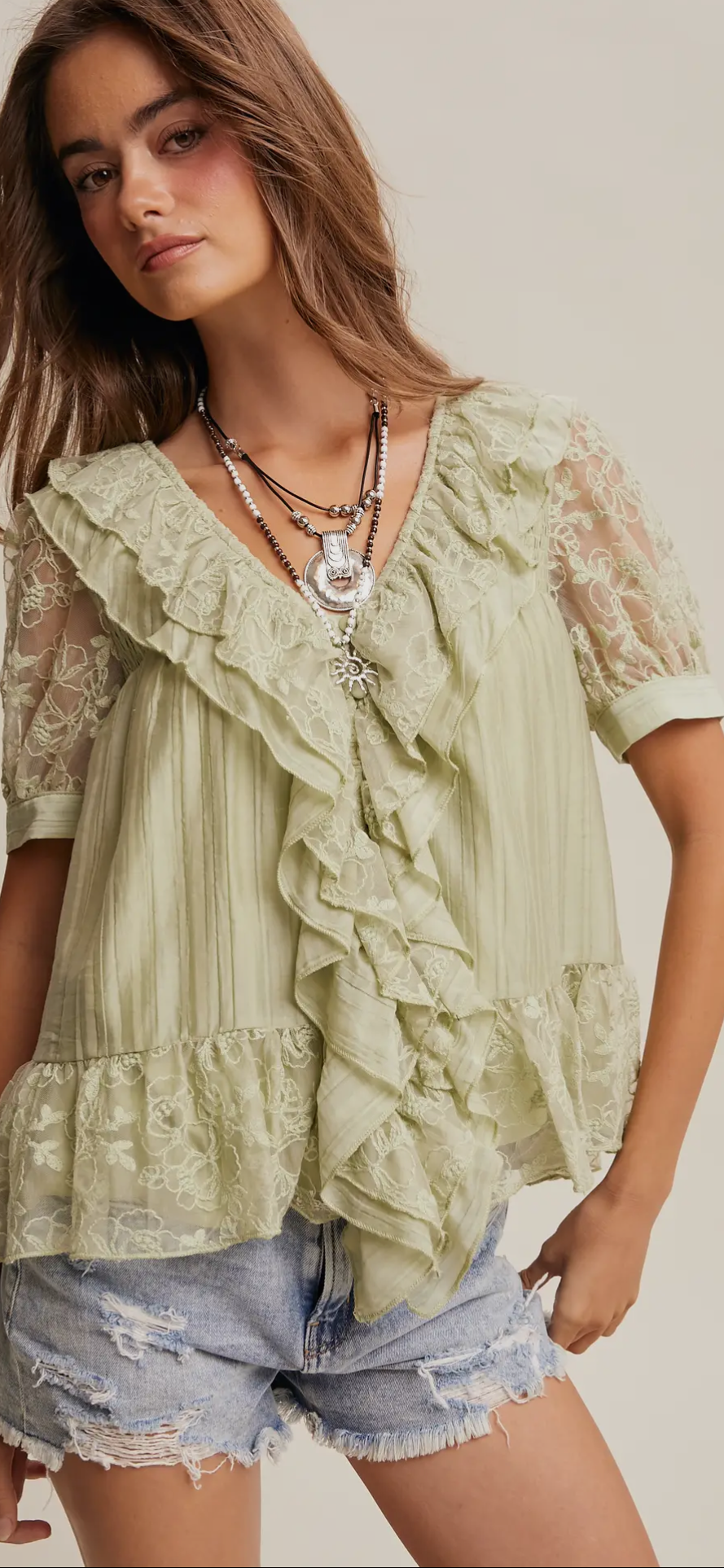 Lace Trim Ruffle Peplum Blouse