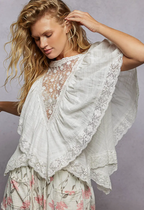 Lace Trim V Ruffle Detail Textured Woven Short Sleeve Top-off white