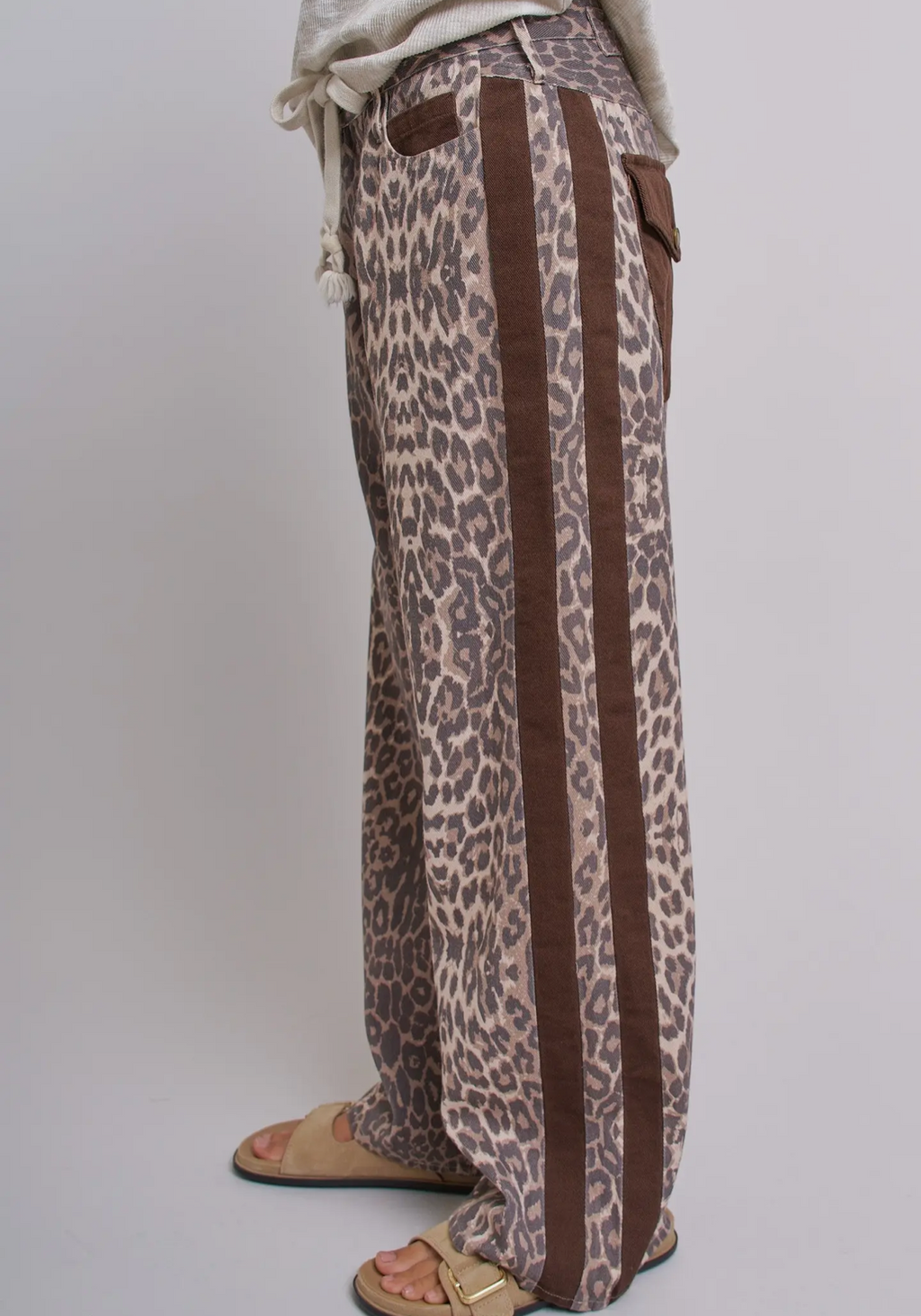Leopard Print Wide Leg Pants with Side Stripes