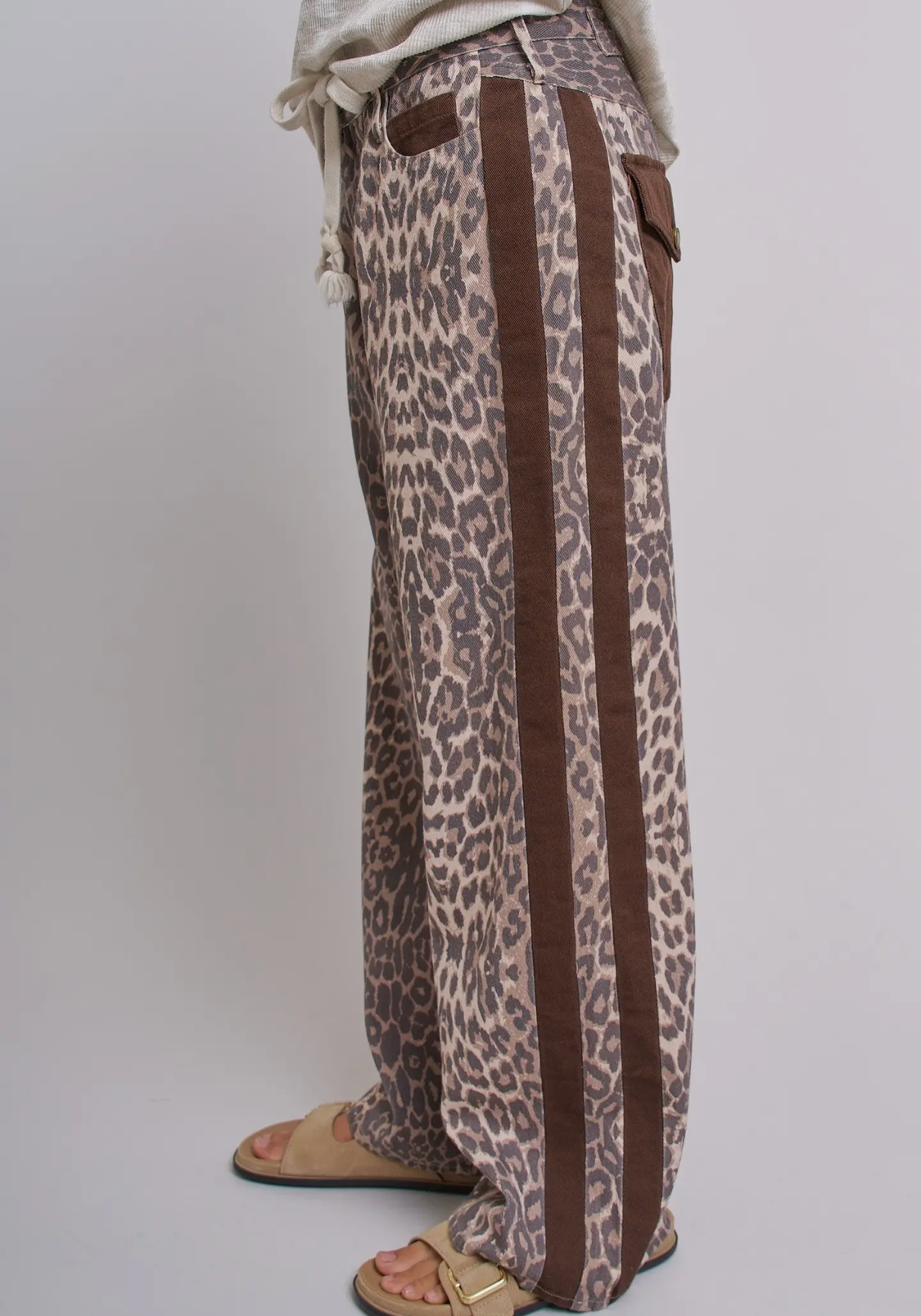Leopard Print Wide Leg Pants with Side Stripes
