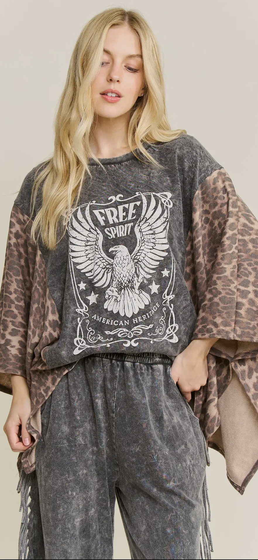 Mineral Washed Free Spirit Animal Boho Poncho Top