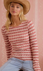 Light Pink Mauve Textured Ribbed Stripe Long Sleeve Top