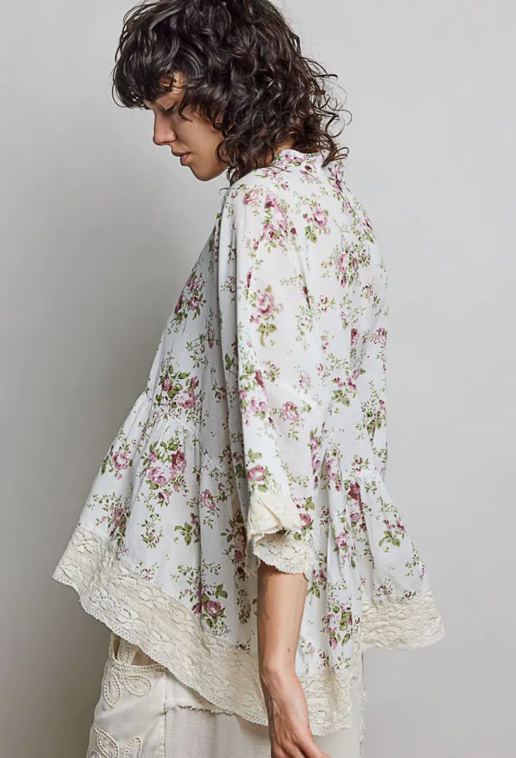 Lightweight Flowy Button Down Lace Trim Band Collar Blouse