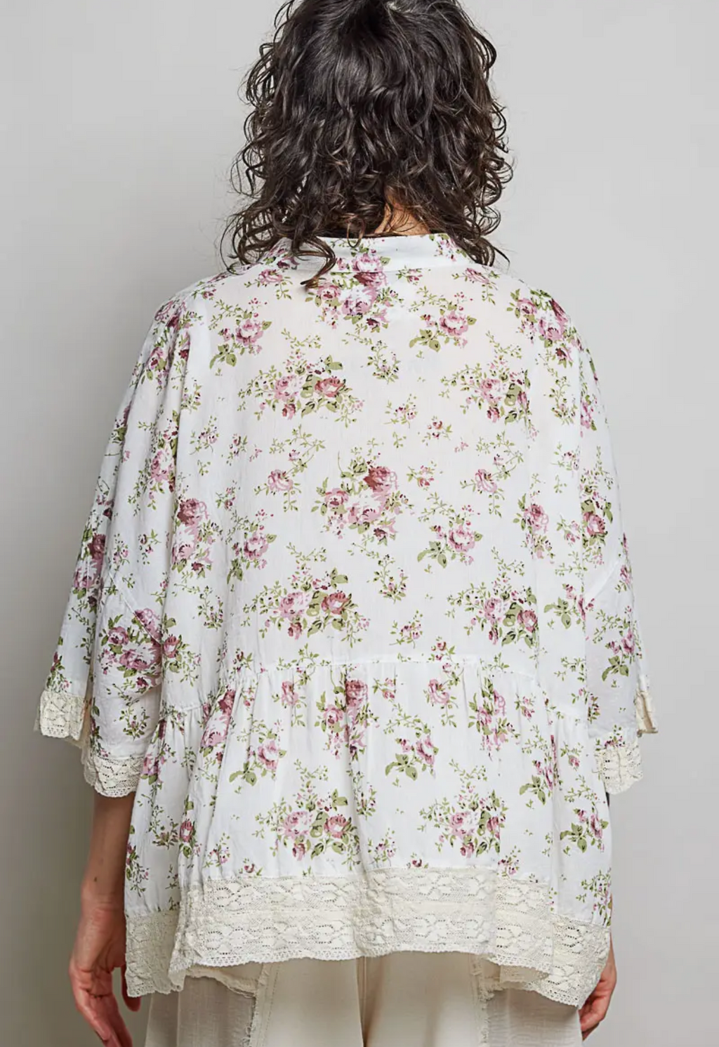 Lightweight Flowy Button Down Lace Trim Band Collar Blouse