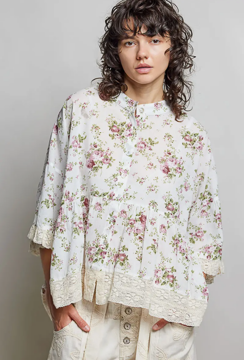 Lightweight Flowy Button Down Lace Trim Band Collar Blouse