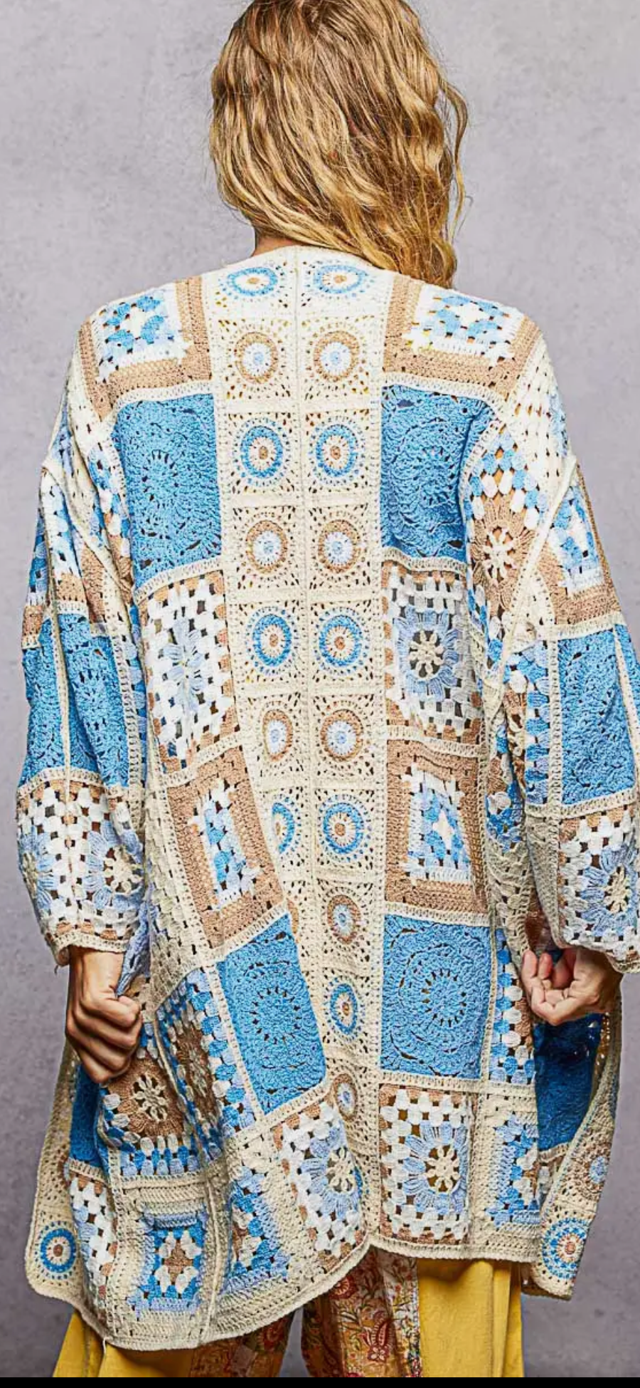 Long Sleeve Granny Square Crochet Open Cardigan