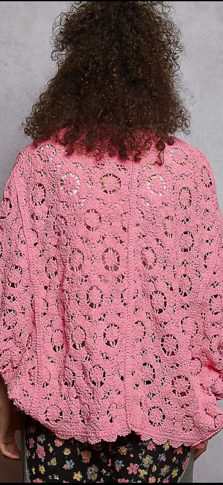 Long Sleeve V-neck Floral Pattern Crochet Chenille Cardigan- bubble gum