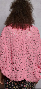 Long Sleeve V-neck Floral Pattern Crochet Chenille Cardigan- bubble gum