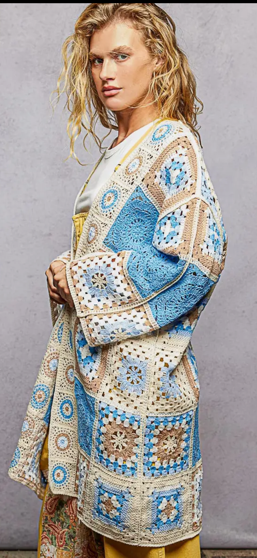 Long Sleeve Granny Square Crochet Open Cardigan