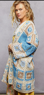 Long Sleeve Granny Square Crochet Open Cardigan