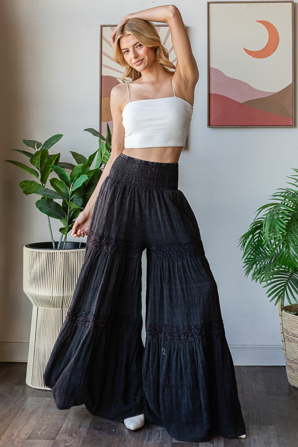 Washed Smocked Waist Tiered Wide Leg Flare Pants
