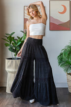Washed Smocked Waist Tiered Wide Leg Flare Pants