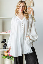 Washed Mandarin Button V Neck Oversized Shirt
