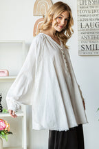 Washed Mandarin Button V Neck Oversized Shirt