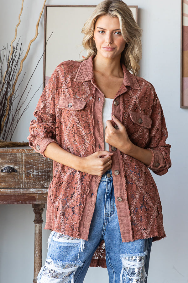 Mineral Washed Button Down Lace Top