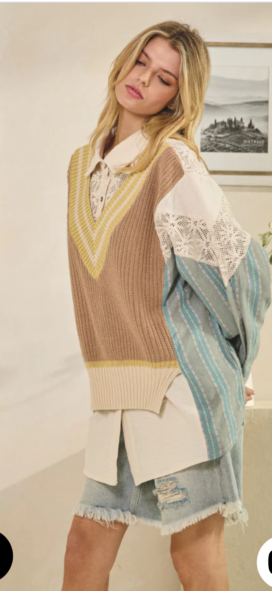 Washed Oversized Button Front Shirt With Sweater Vest