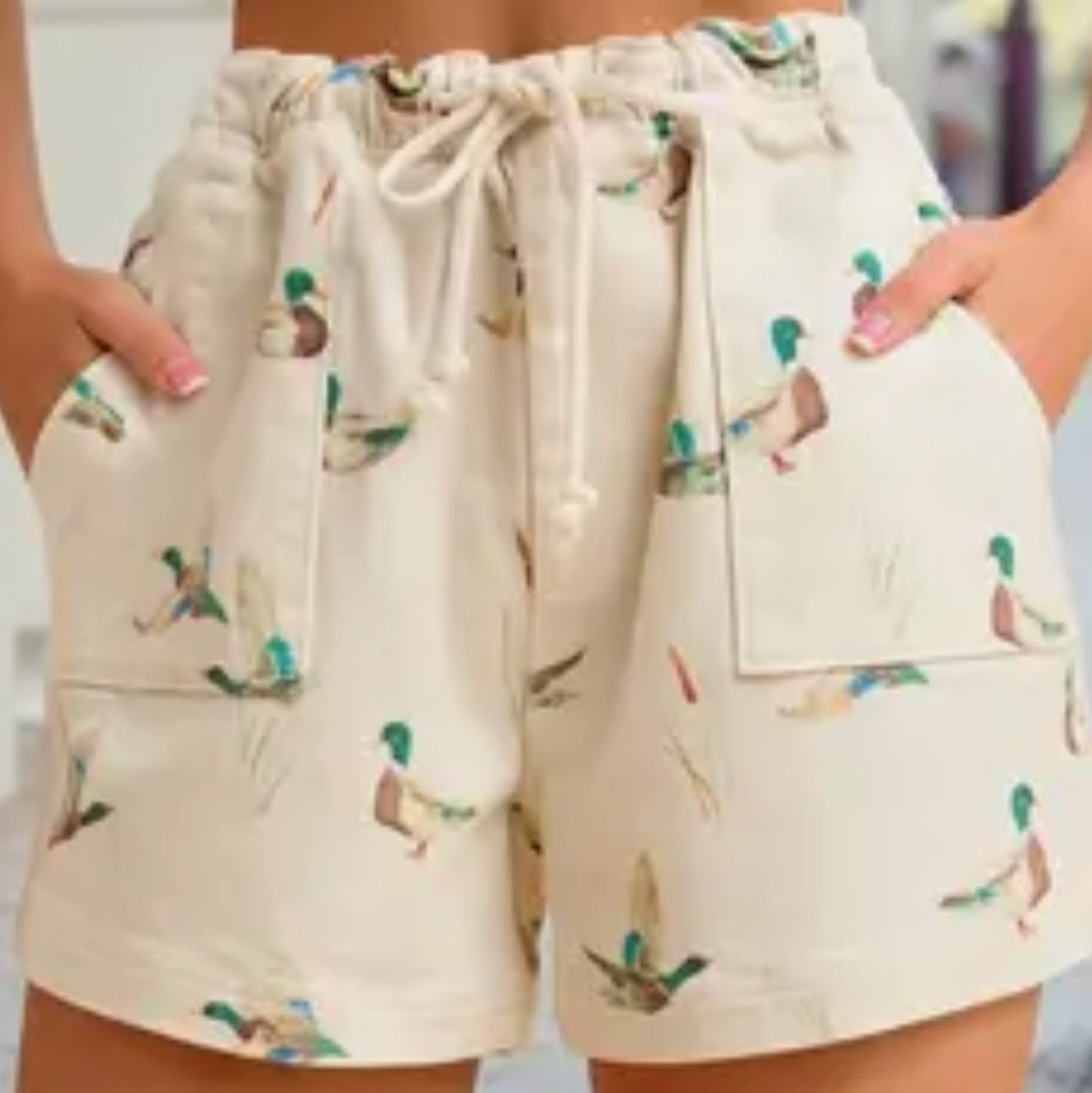 Mallard Duck Print Drawstring Relaxed Fit Shorts