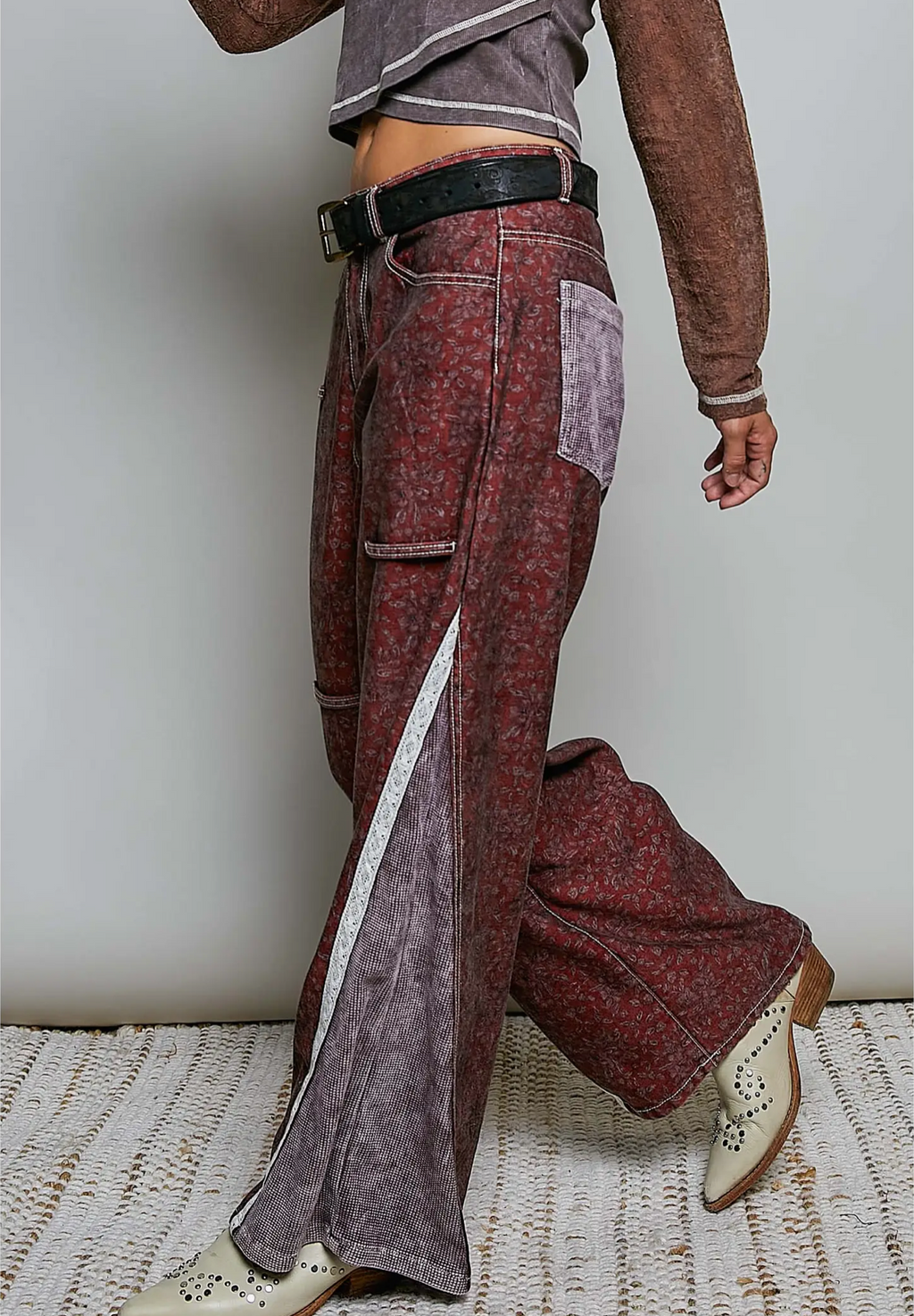 Vintage Thermal Patch Print Twill High Rise Wide Leg Pants