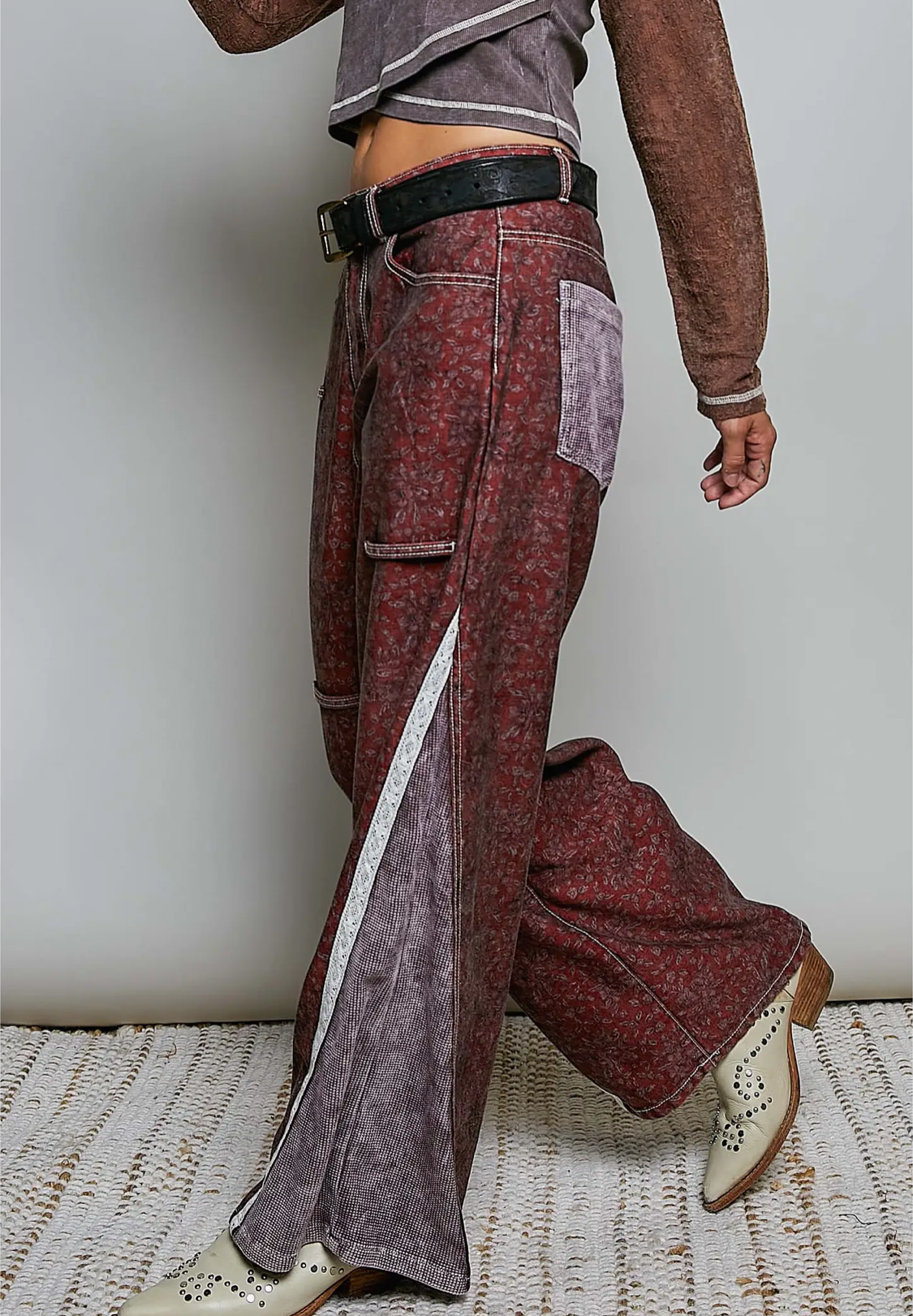 Vintage Thermal Patch Print Twill High Rise Wide Leg Pants