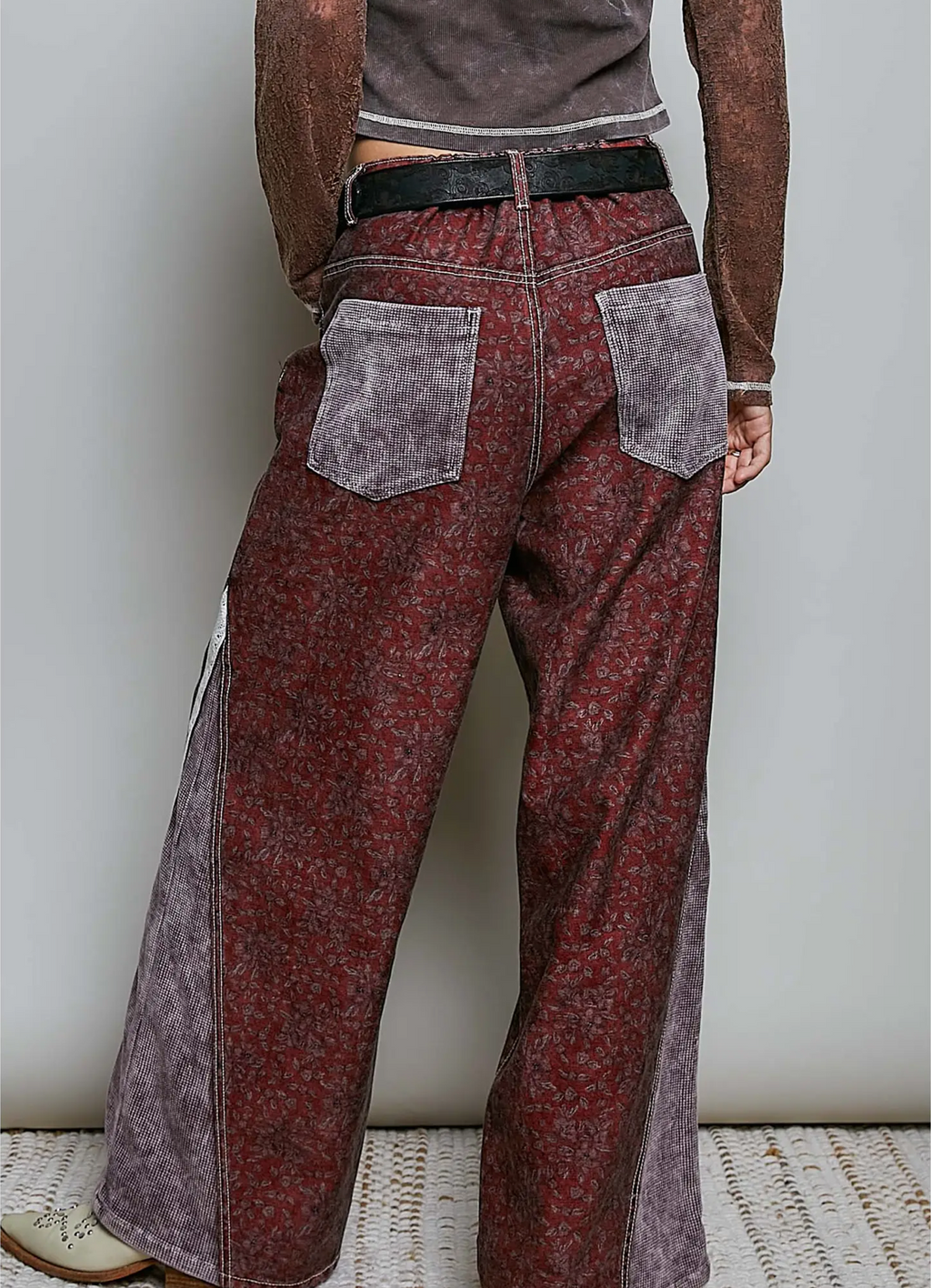 Vintage Thermal Patch Print Twill High Rise Wide Leg Pants