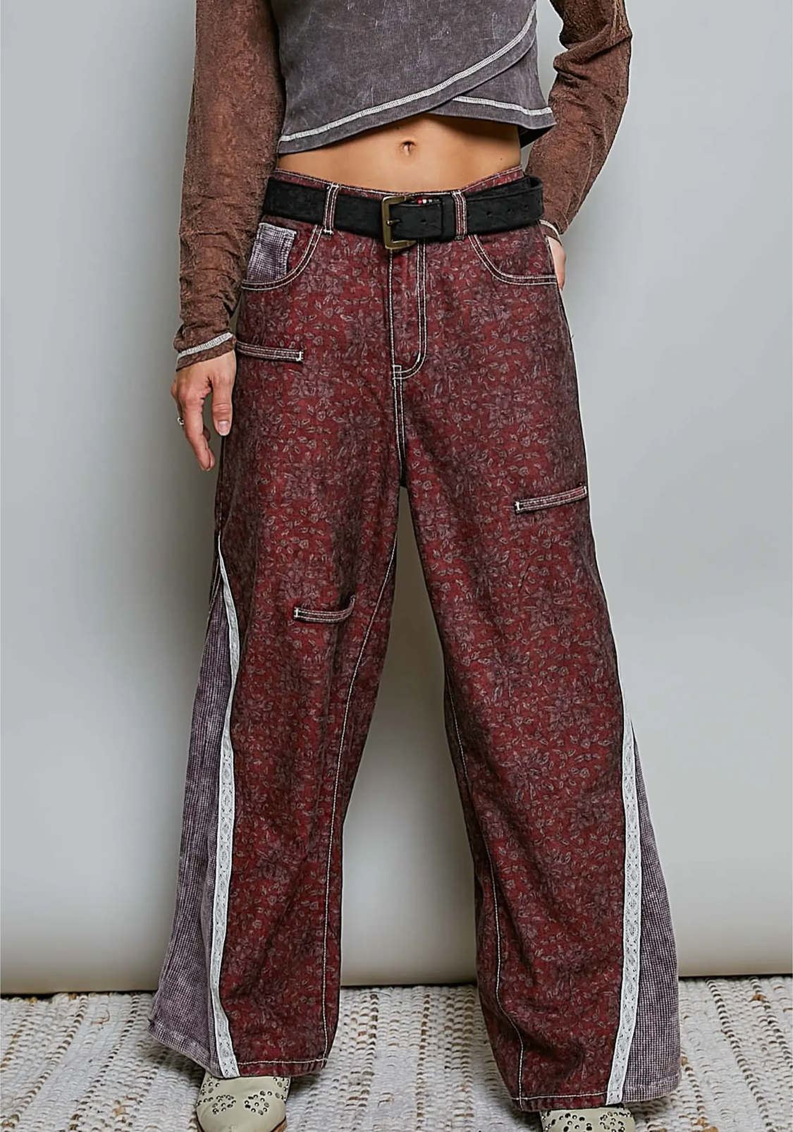 Vintage Thermal Patch Print Twill High Rise Wide Leg Pants