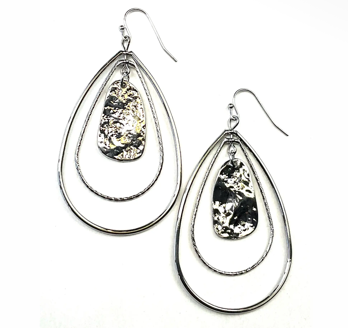 2 Tear Hoops with Hammered Paddle-silver earrigns