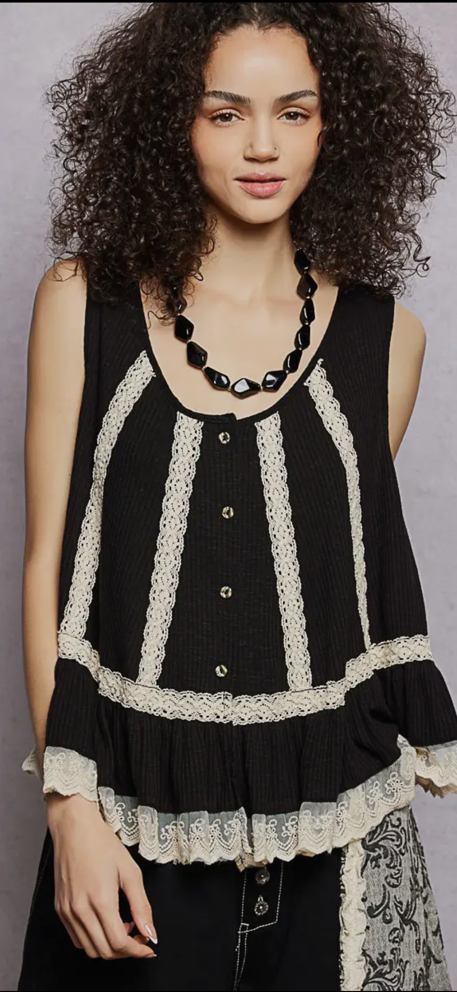 Metal Button Down Lace Trim Ruffle Round Neck Sleeveless Top