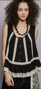 Metal Button Down Lace Trim Ruffle Round Neck Sleeveless Top