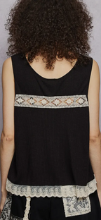Metal Button Down Lace Trim Ruffle Round Neck Sleeveless Top